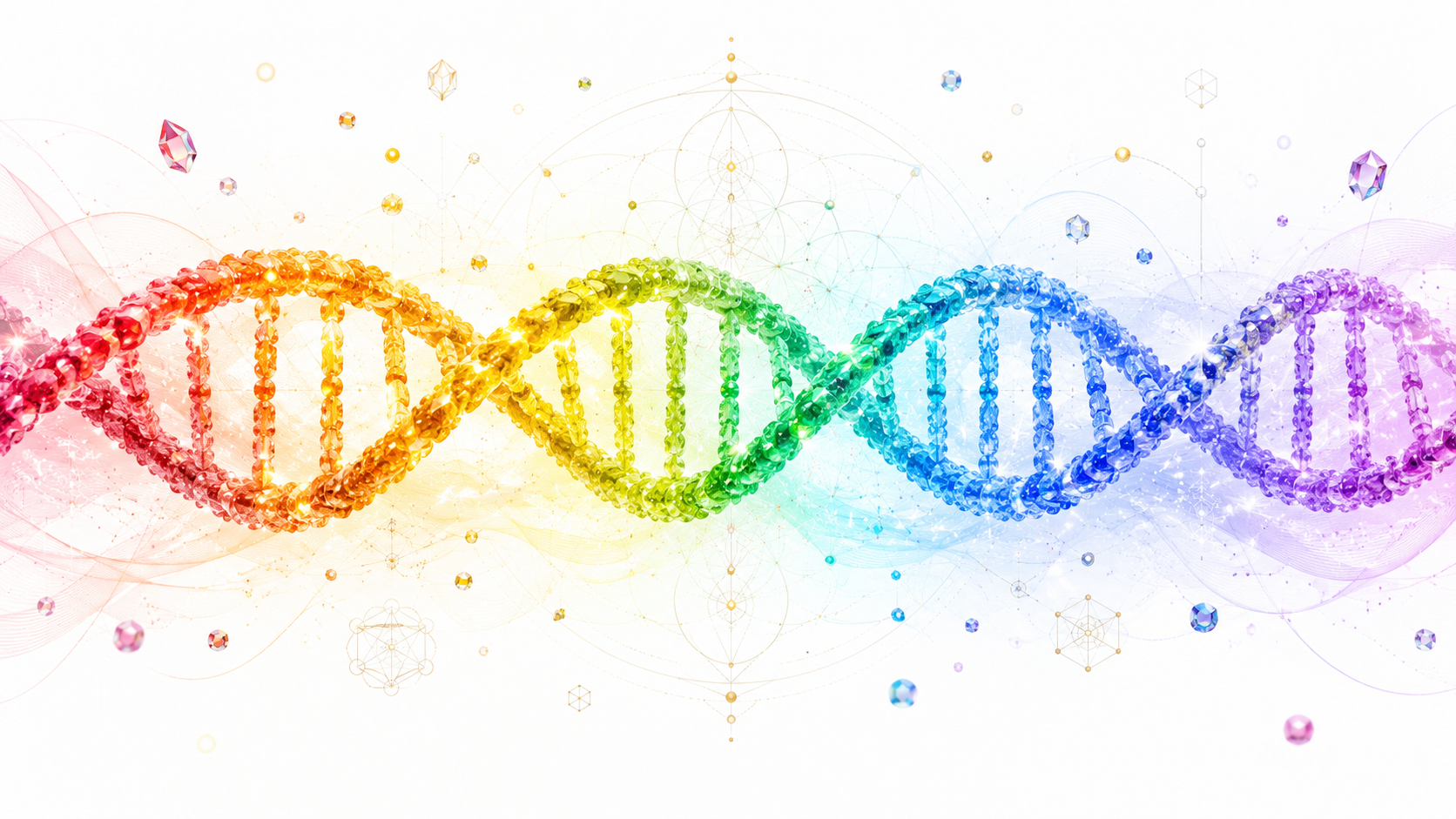 Rappresentazione di corpo anima spirito attraverso una spirale di DNA quantistica e i colori dell'arcobaleno.