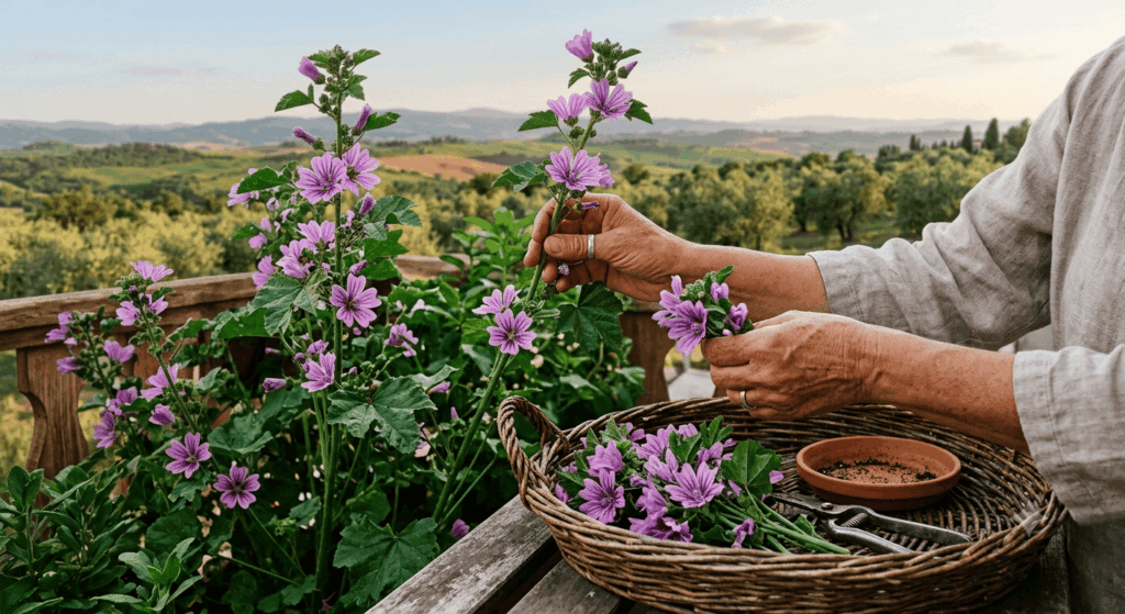 autunno fatti aiutare dalla malva. Raccolta manuale di fiori di malva sul balcone simbolo di dolcezza materna e cura